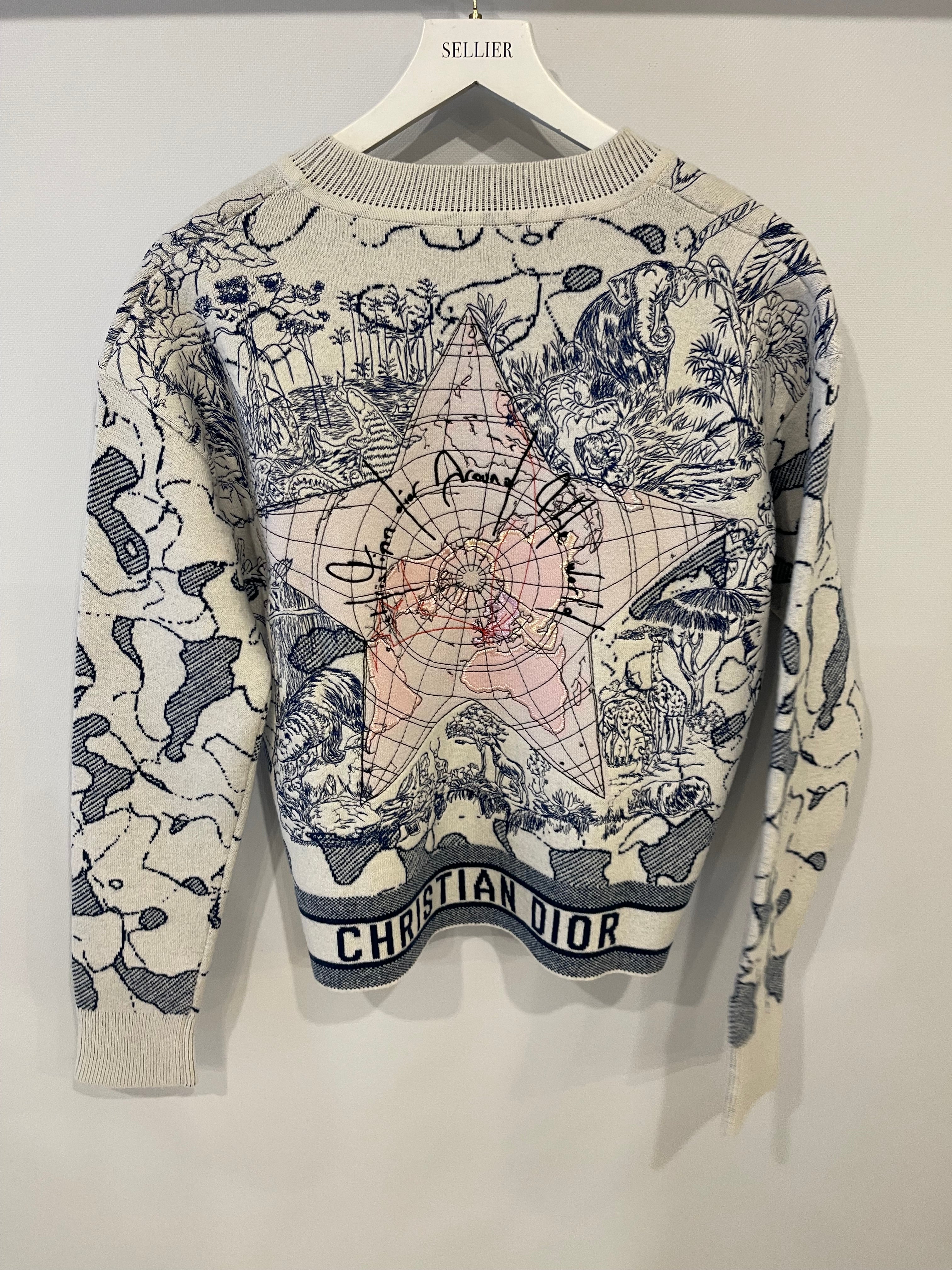 Christian Dior Blue and White Around the World Cashmere Jumper with Embroidery and Logo Band Size FR 36 (UK 8)