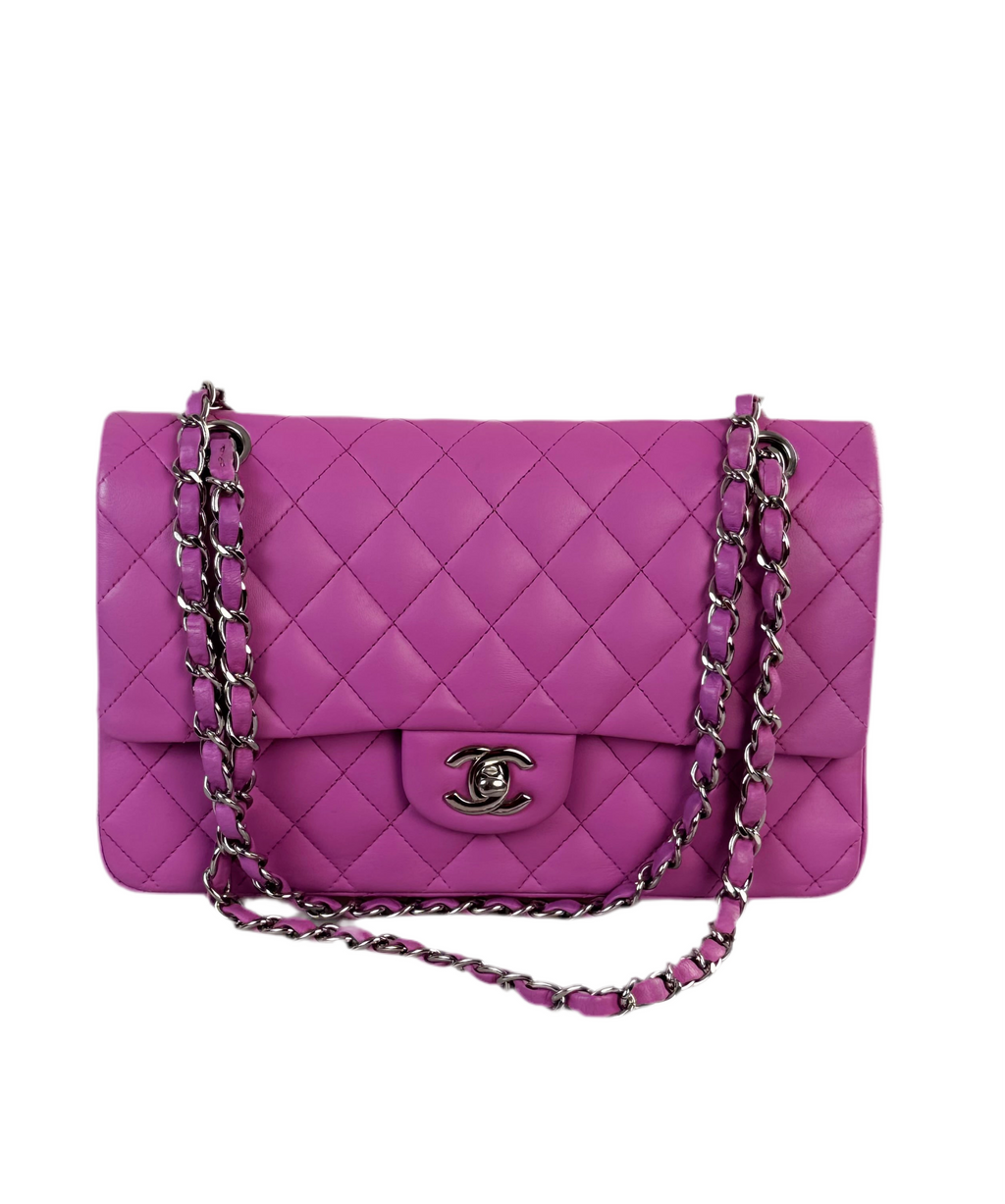 Chanel Medium Classic Double Flap Bag in Purple Leliac Lambskin Leather Silver Hardware
