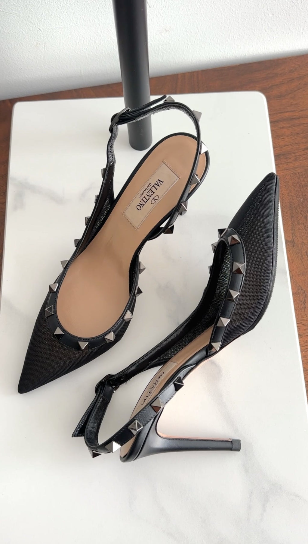 Valentino Black Mesh and Leather Rockstud Slingback Heels - 35