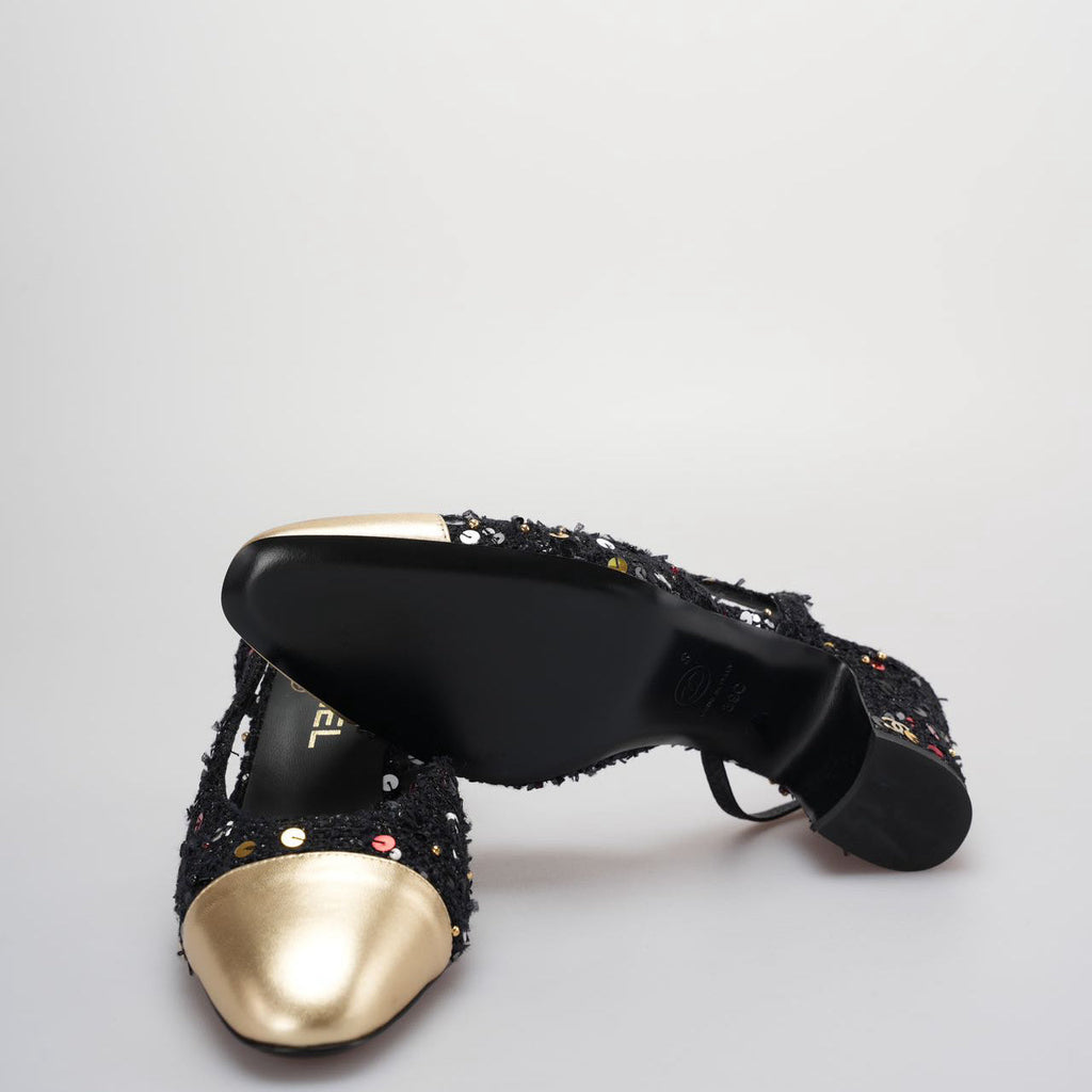 Chanel Tweed Lambskin Sequin Cap Toe CC Slingback Pumps size 39 in Black and Gold