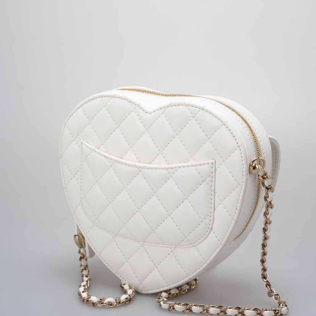 Chanel Big Heart Bag CC in Love Heart Clutch Large Size in White with Champagne Gold Hardware