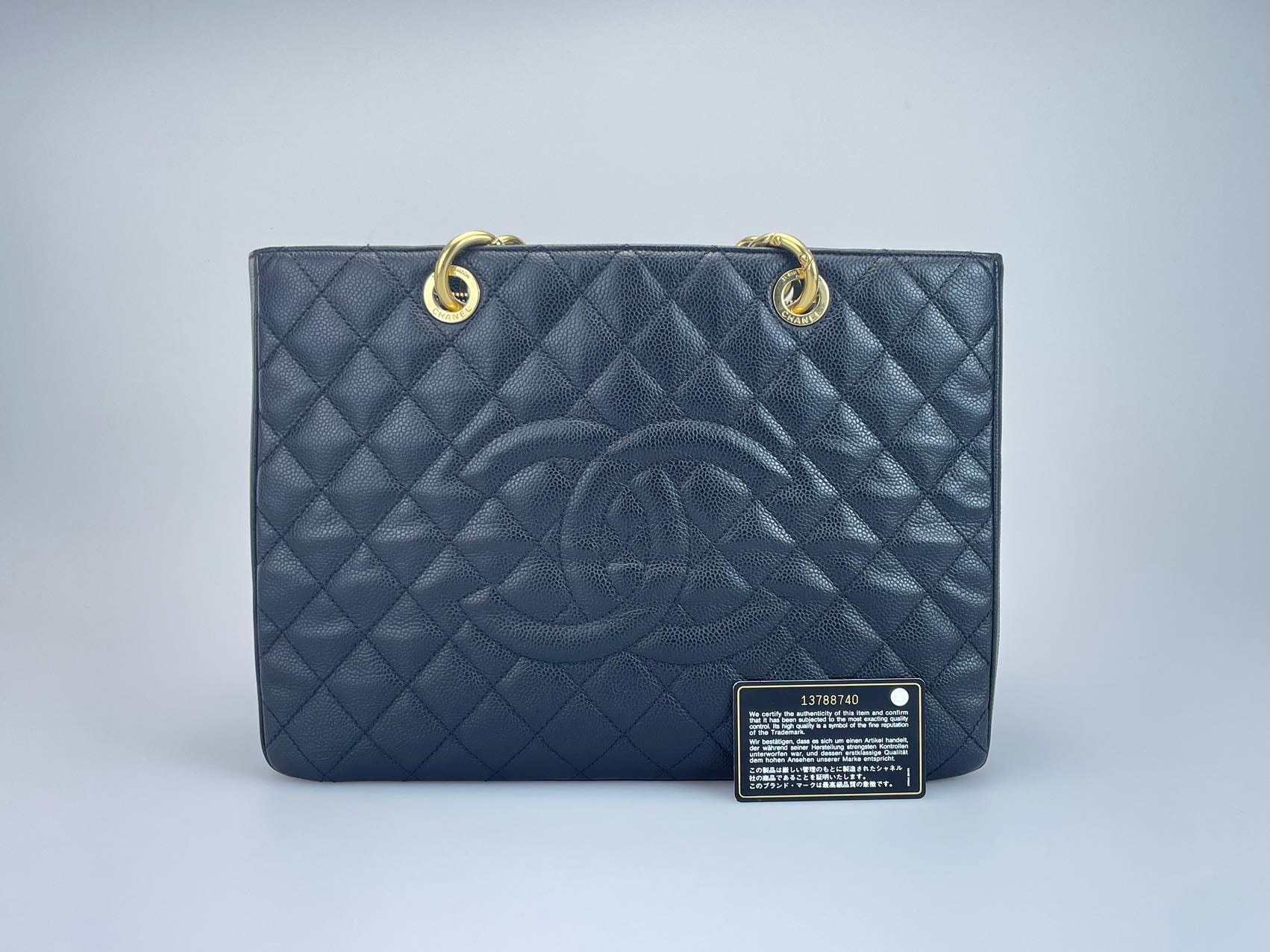 Chanel GST Medium Black Quilted Caviar Leather Tote Bag with Gold Hardware