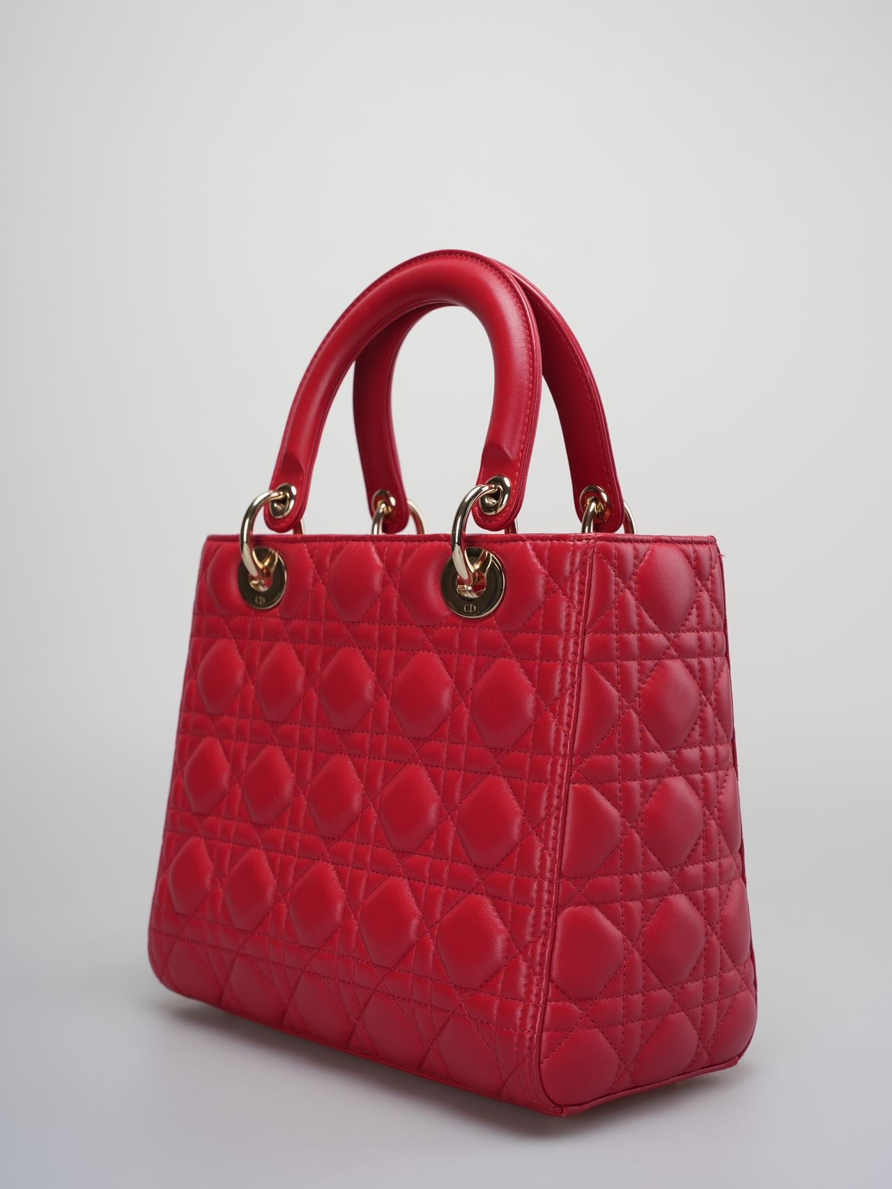 Christian Dior Red Medium Lady Dior Bag in Cannage Lambskin Leather with Gold Hardware
