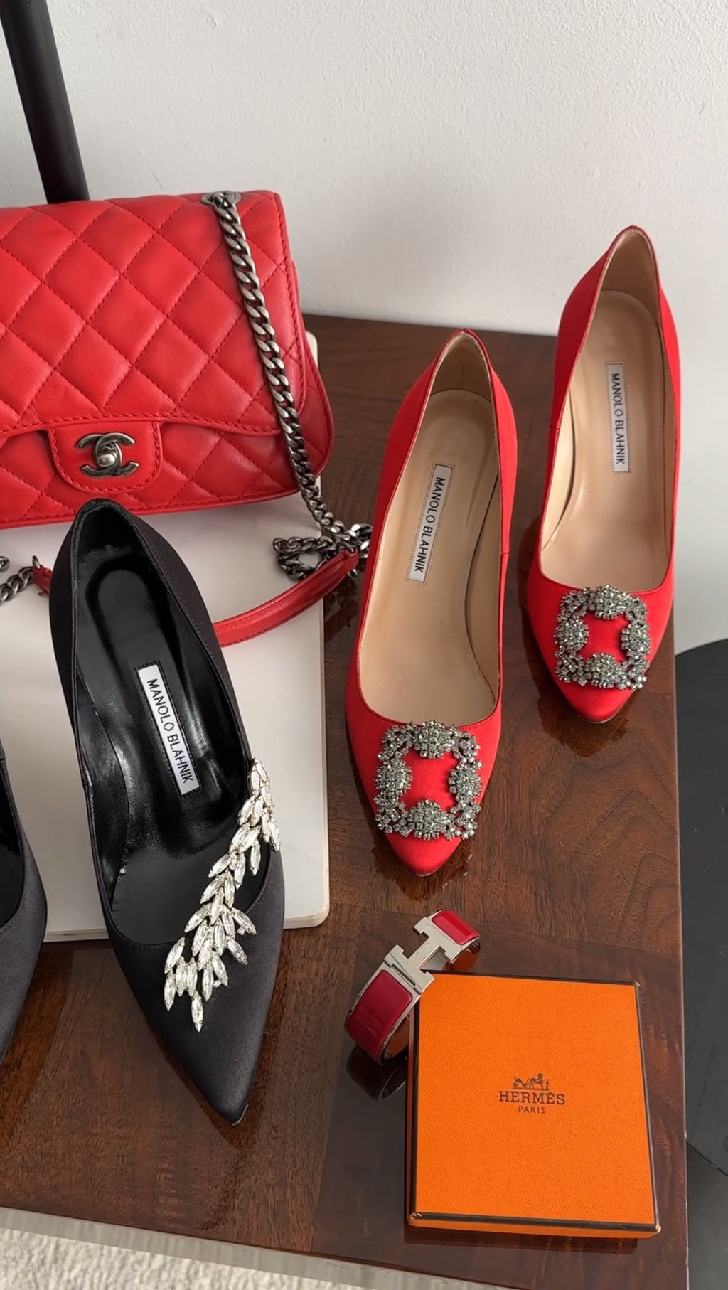 Manolo Blahnik Red Silk Satin Crystal Hangisi Pumps - 37
