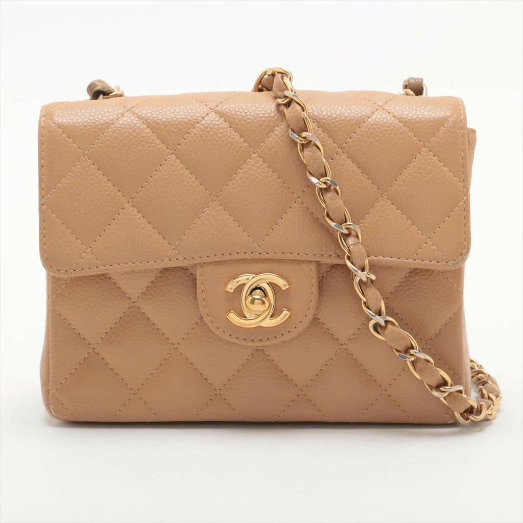 Chanel Vintage Beige Caviar Mini Classic Square Flap Shoulder Bag