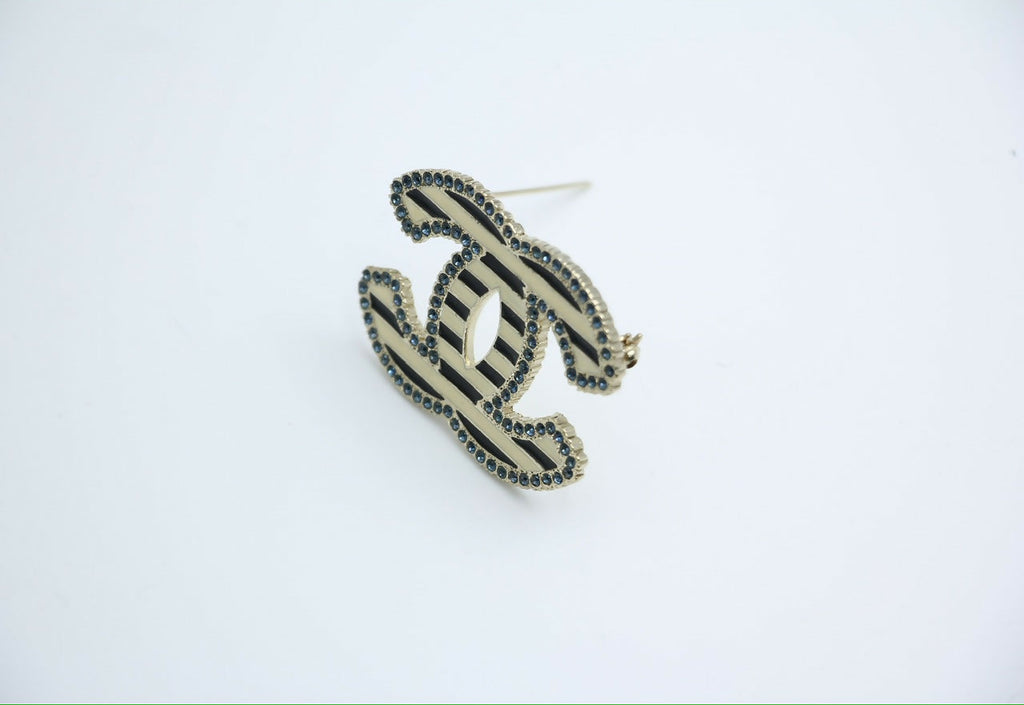 Chanel Vintage 06A Blue Rhinestone Beige Black Stripe Brooch