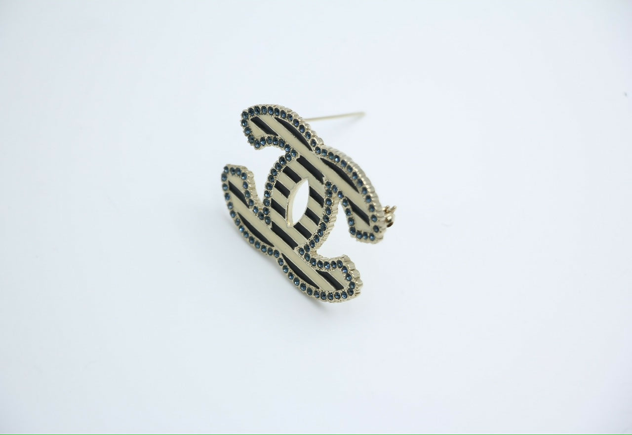 Chanel Vintage 06A Blue Rhinestone Beige Black Stripe Brooch