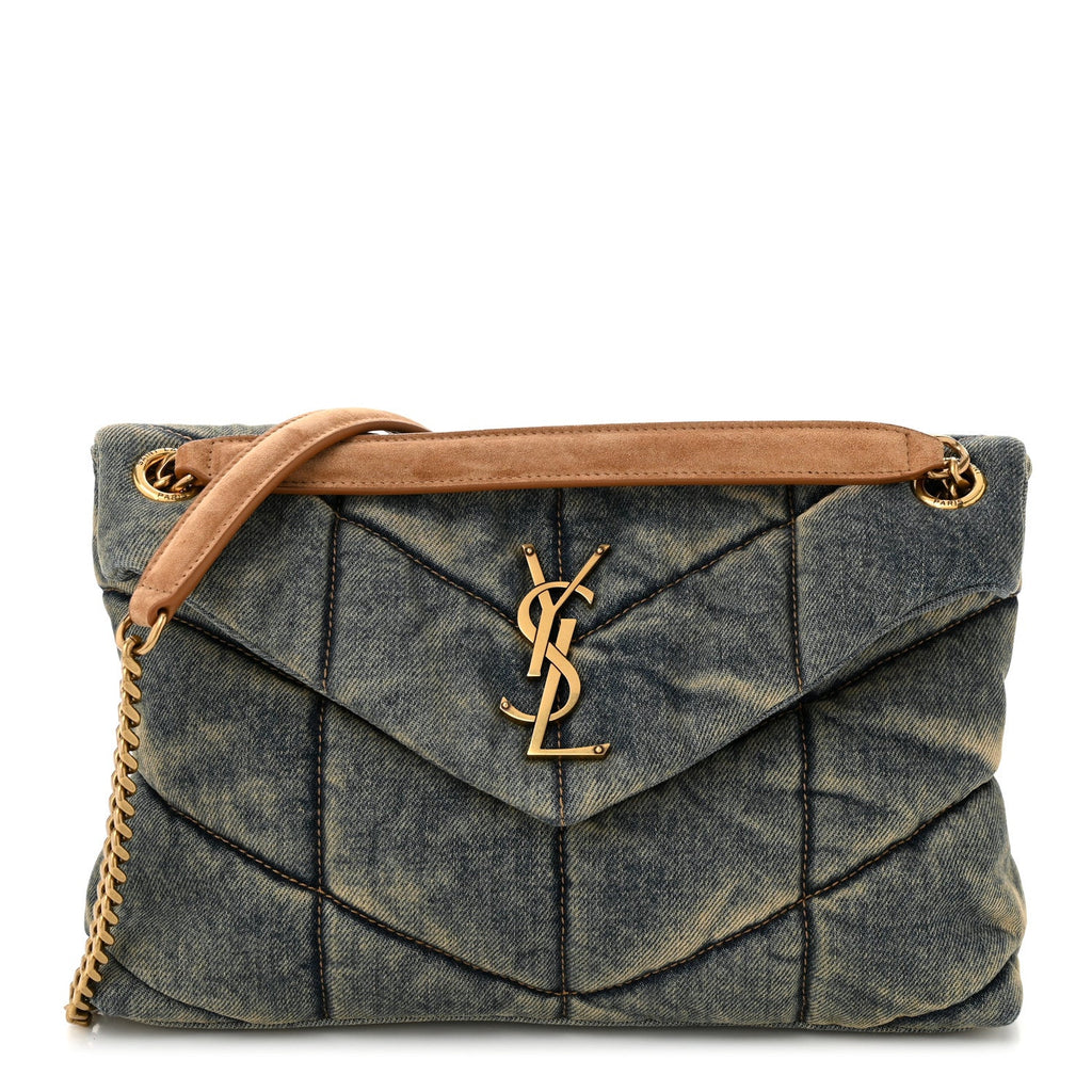 Denim Quilted Small Loulou Puffer Monogram Chain Satchel Rodeo Blue Cinnamon