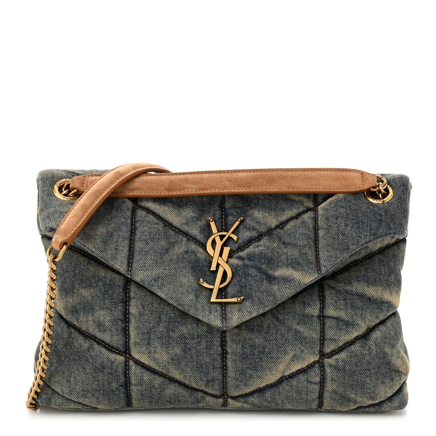 Denim Quilted Small Loulou Puffer Monogram Chain Satchel Rodeo Blue Cinnamon