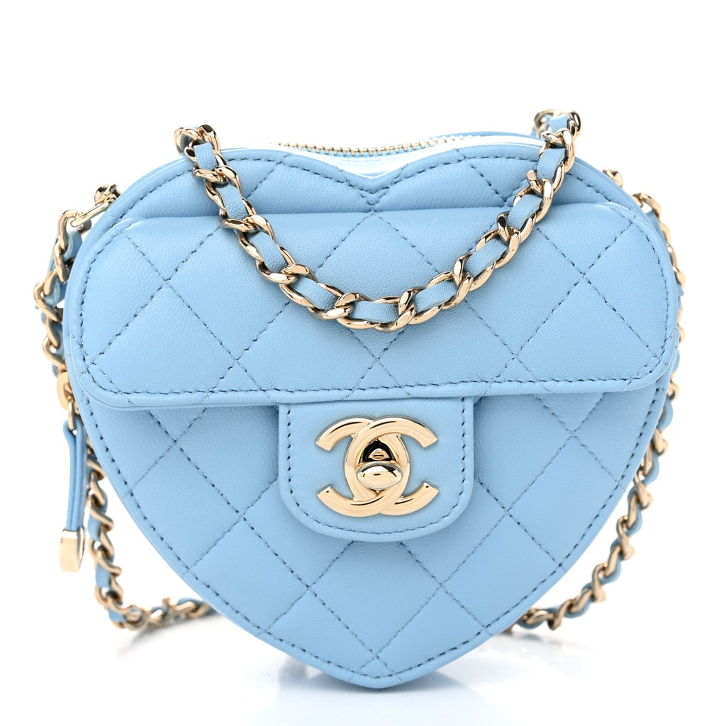 Lambskin Quilted CC In Love Heart Clutch With Chain Light Blue