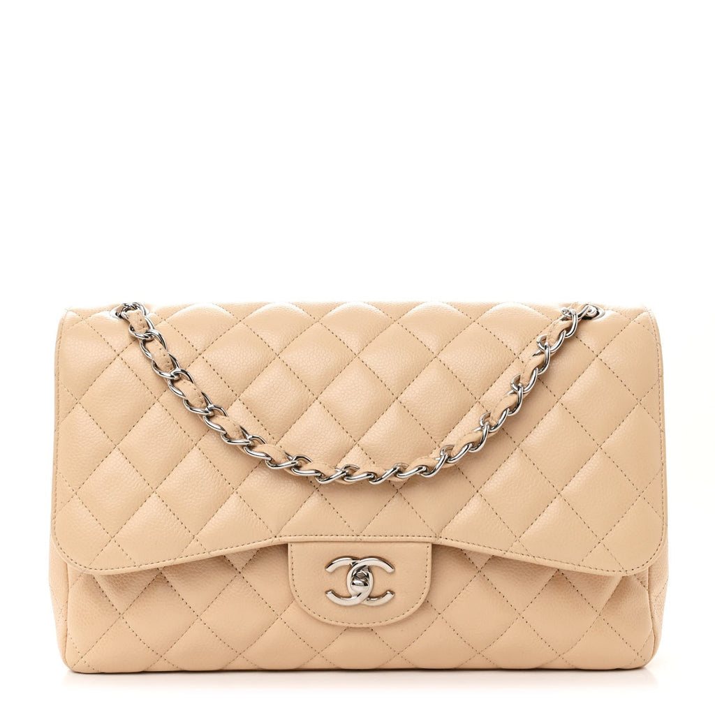 Caviar Quilted Jumbo Double Flap Beige