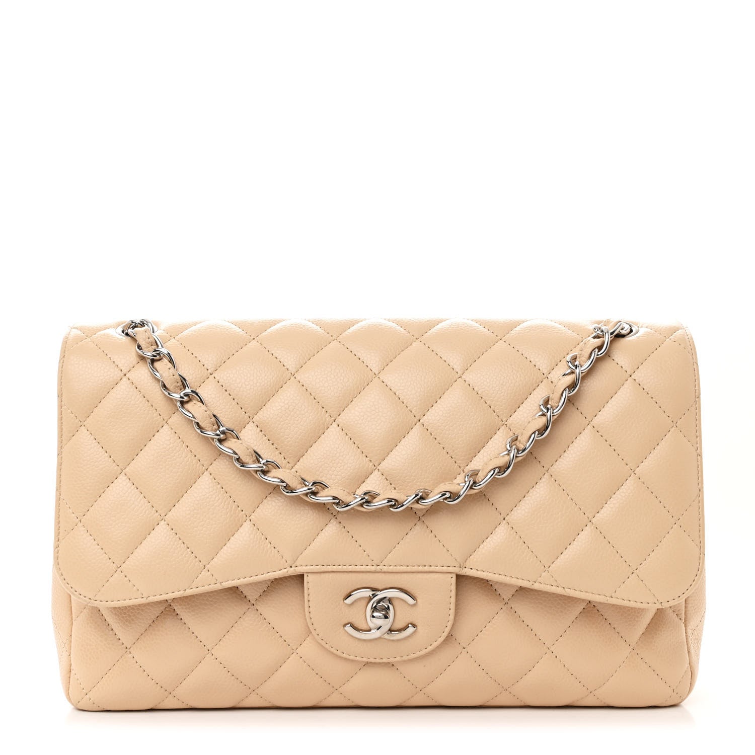 Caviar Quilted Jumbo Double Flap Beige