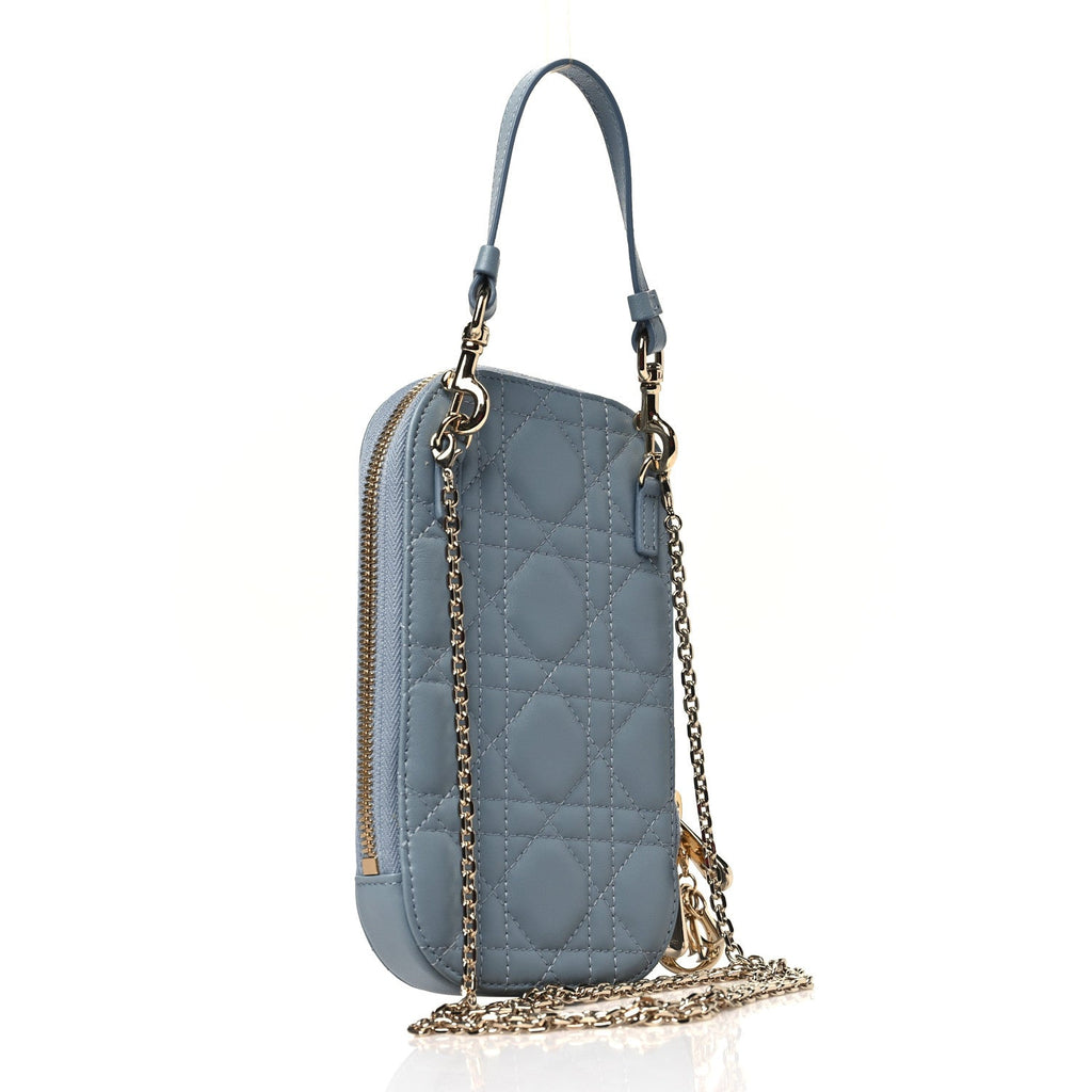 Lambskin Cannage Lady Dior Phone Holder Cloud Blue