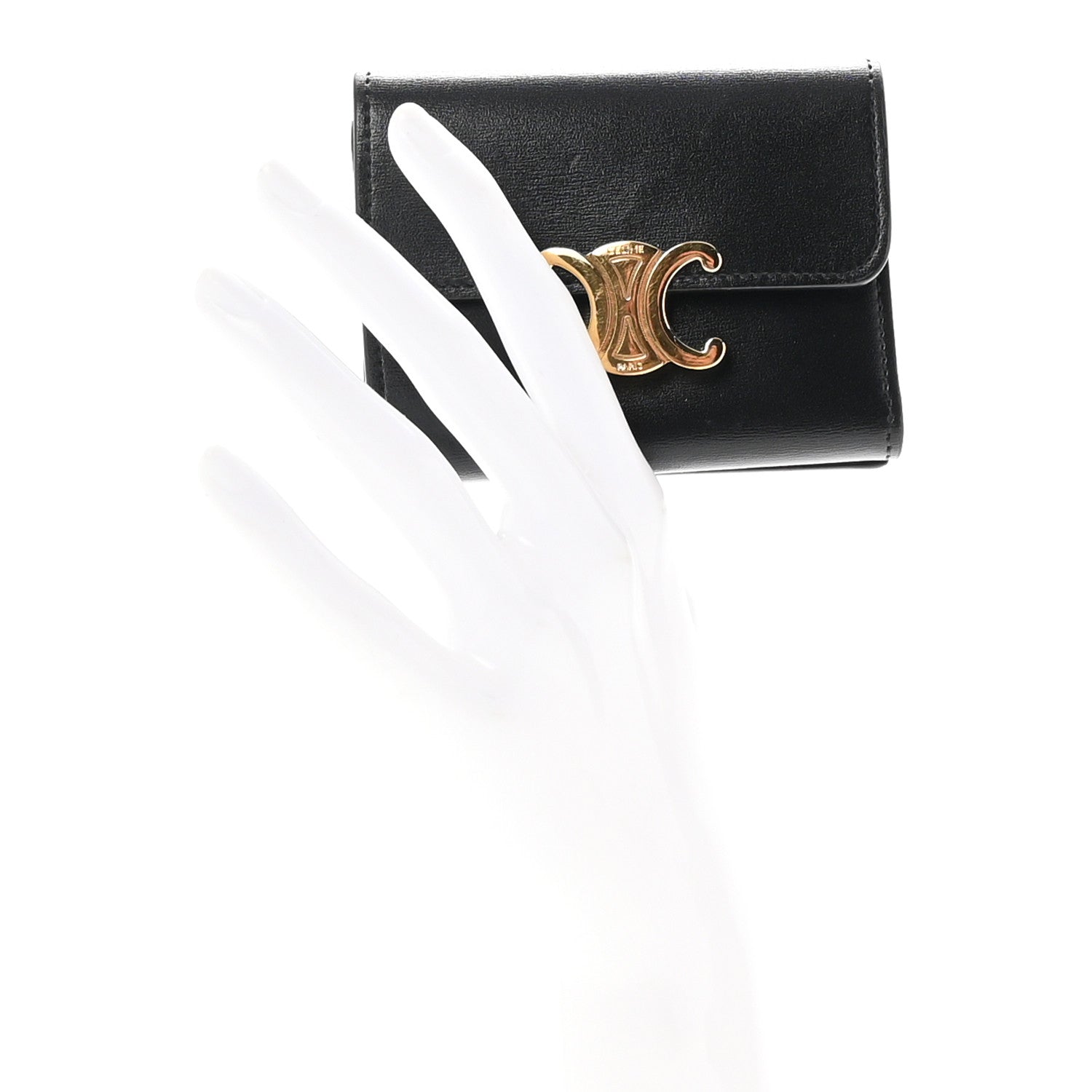 Shiny Calfskin Compact Triomphe Wallet With Coin Purse Black