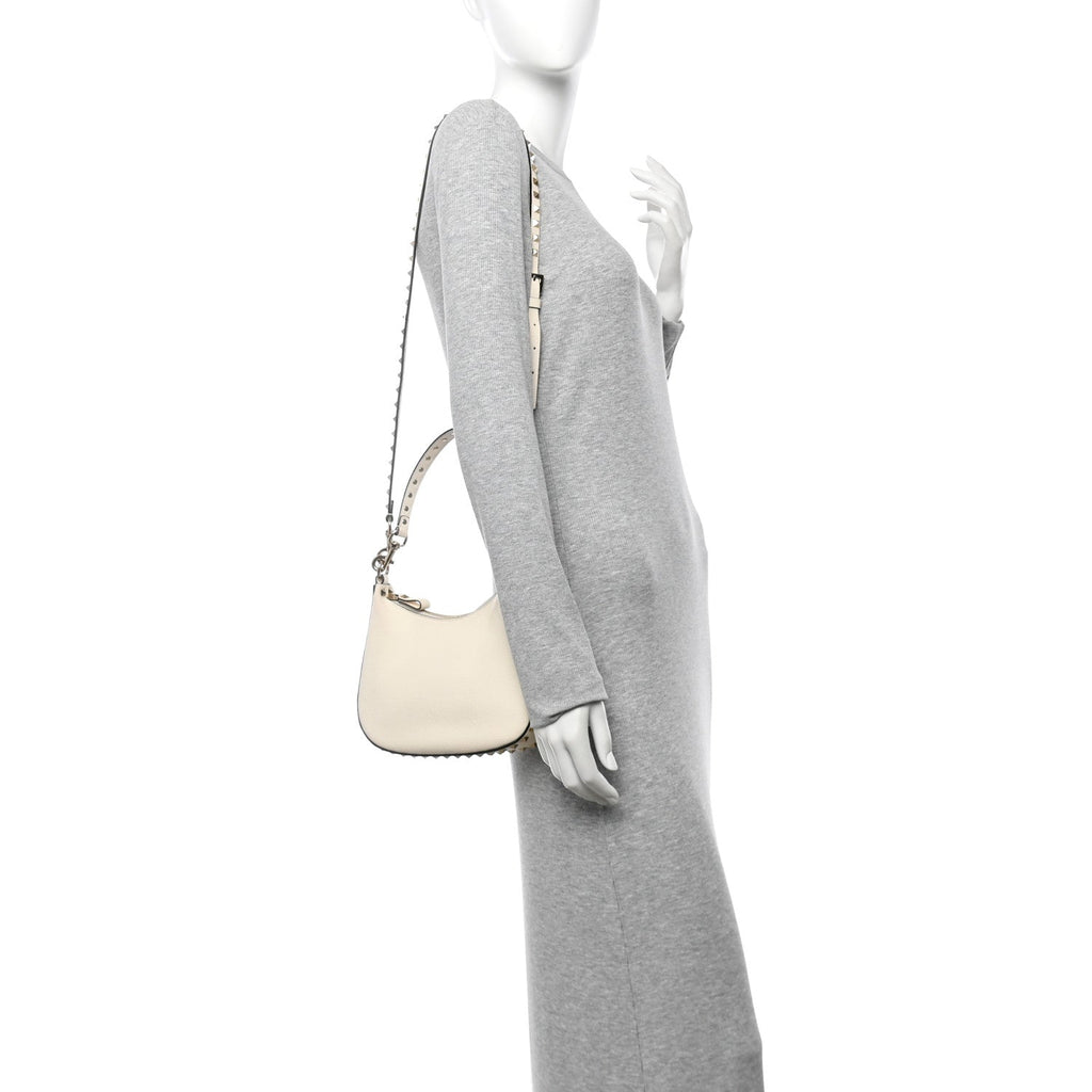 Grainy Calfskin Small Rockstud Hobo Ivory