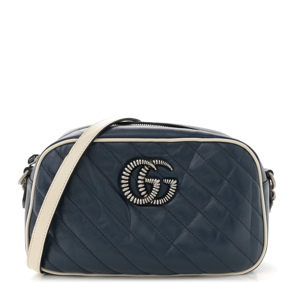 Vintage Effect Calfskin Matelasse Diagonal Small Torchon GG Marmont Chain Shoulder Bag Blue Agata Mystic White