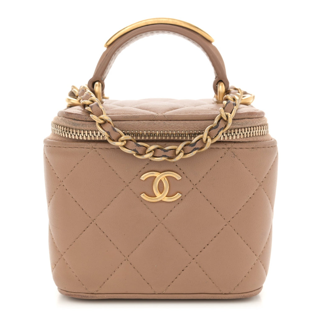 Lambskin Quilted Top Handle Mini Vanity Case With Chain Beige