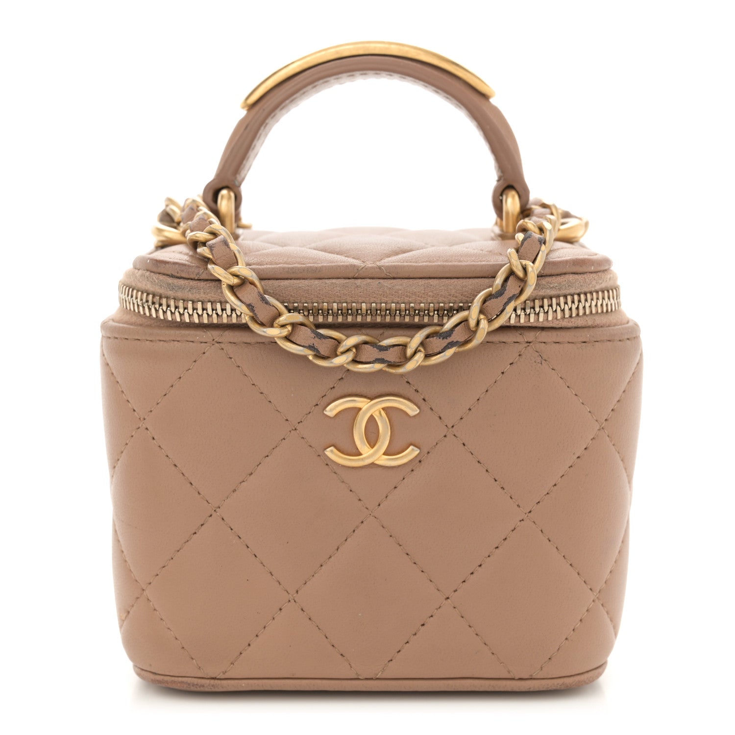 Lambskin Quilted Top Handle Mini Vanity Case With Chain Beige