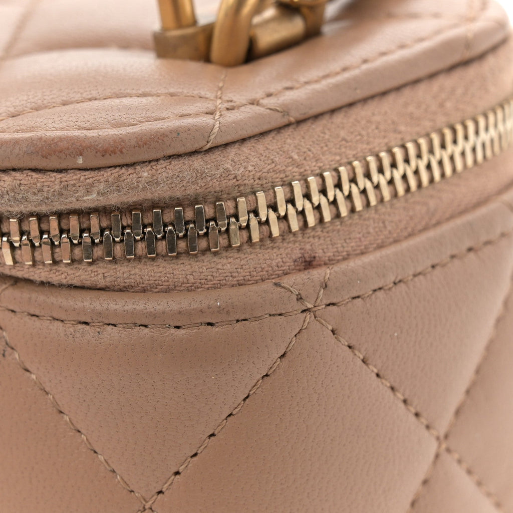 Lambskin Quilted Top Handle Mini Vanity Case With Chain Beige