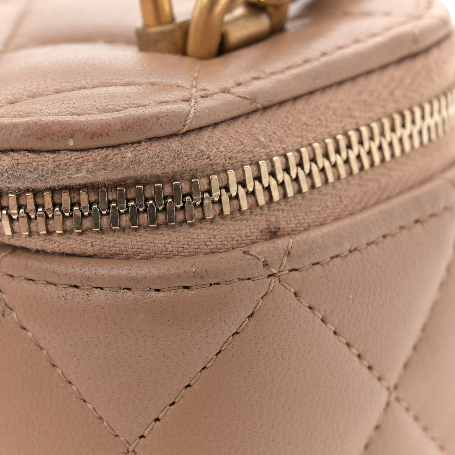 Lambskin Quilted Top Handle Mini Vanity Case With Chain Beige