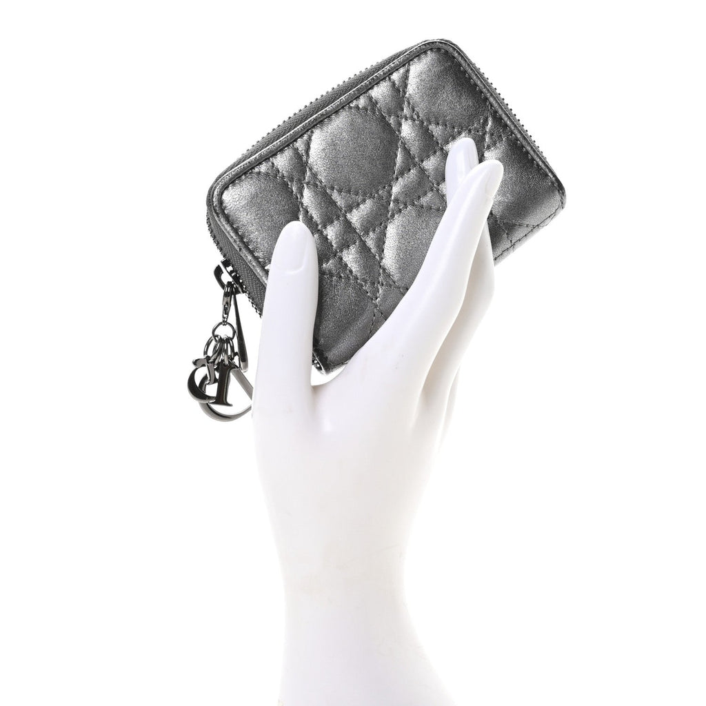 Metallic Calfskin Cannage Compact Zip  Wallet Silver
