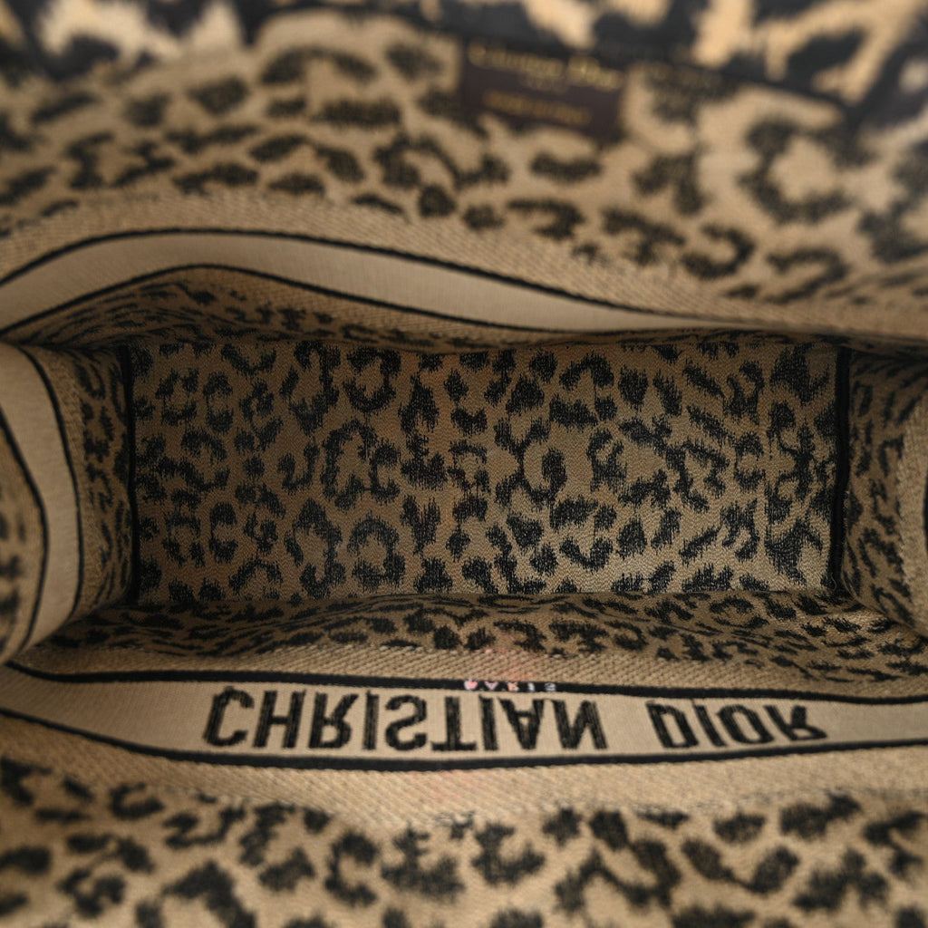 Canvas Mizza Embroidered Large Leopard Book Tote Beige