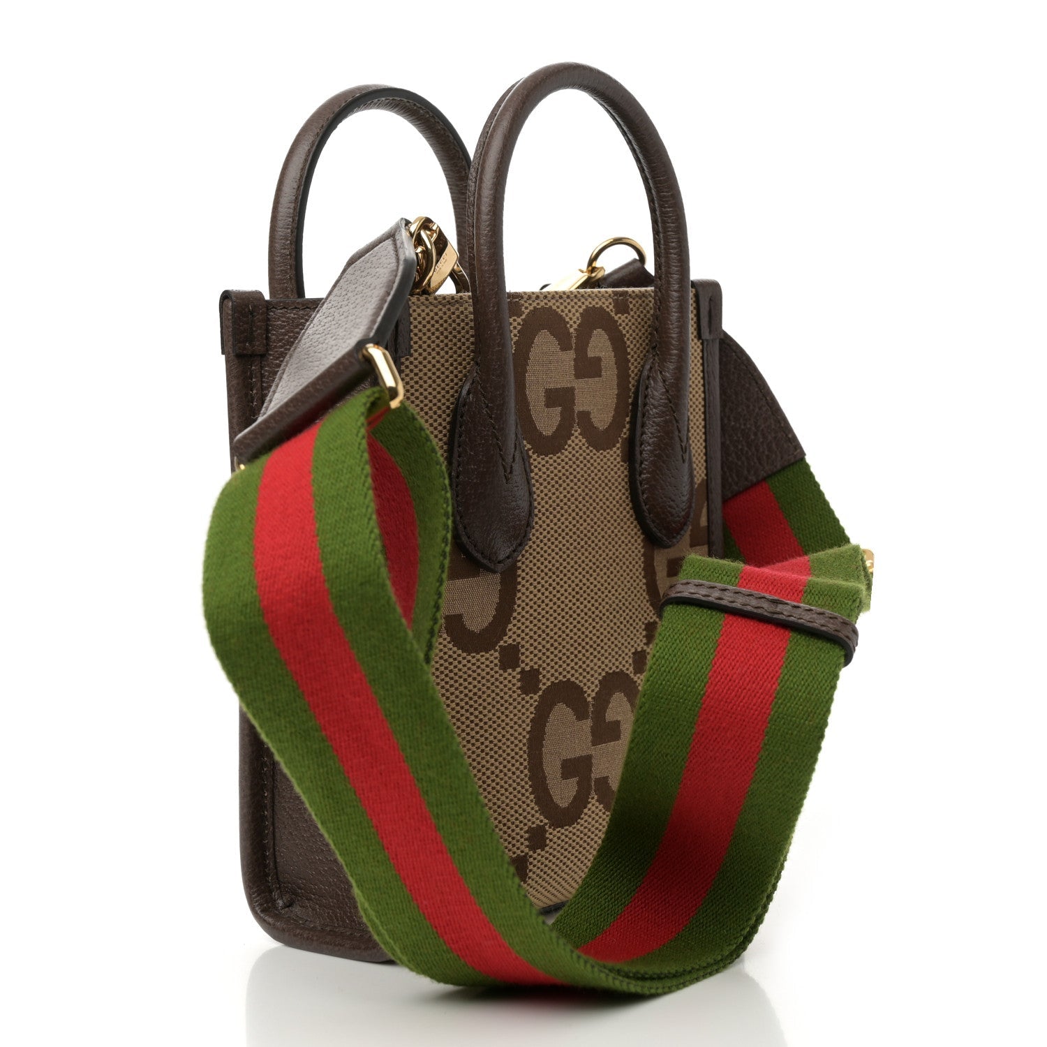 Monogram Jumbo GG Textured Dollar Calfskin Web Mini Vertical Tote Camel Ebony New Acero
