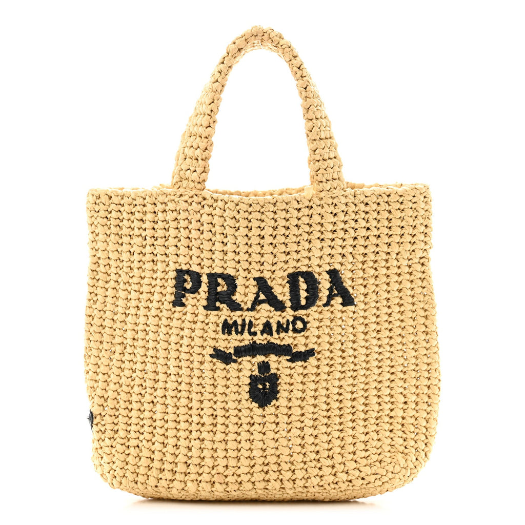 Yarn Raffia Effect Crochet Embroidered Small Logo Tote Naturale