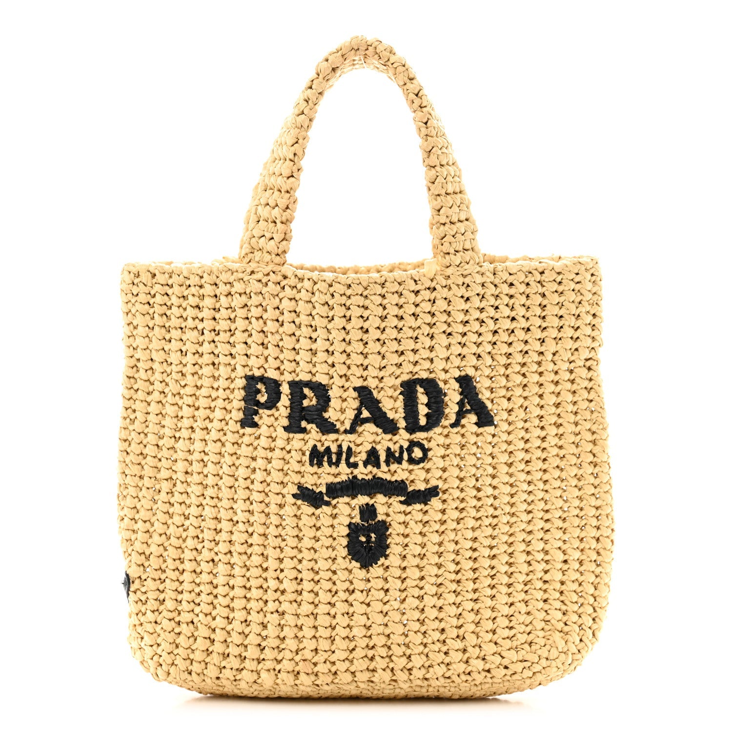 Yarn Raffia Effect Crochet Embroidered Small Logo Tote Naturale