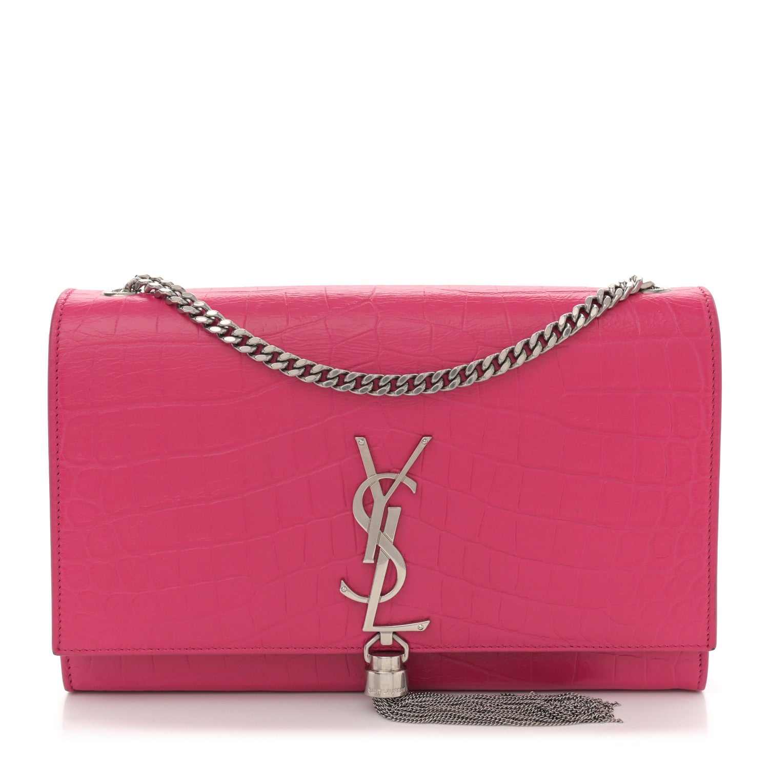 Calfskin Crocodile Embossed Medium Classic Monogram Kate Tassel Satchel Fuchsia