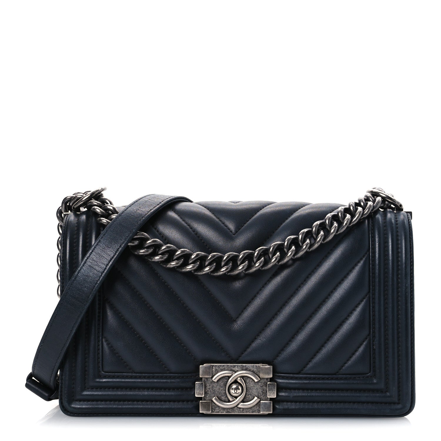 Calfskin Chevron Quilted Medium Boy Flap Black