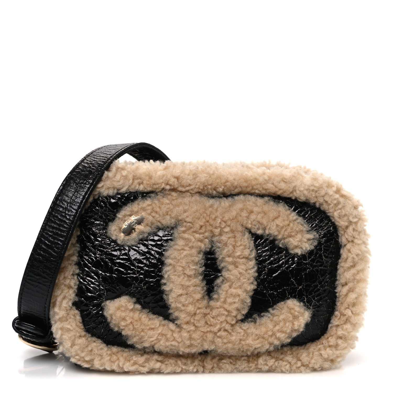 Shiny Crumpled Sheepskin Shearling Waist Bag Black Beige