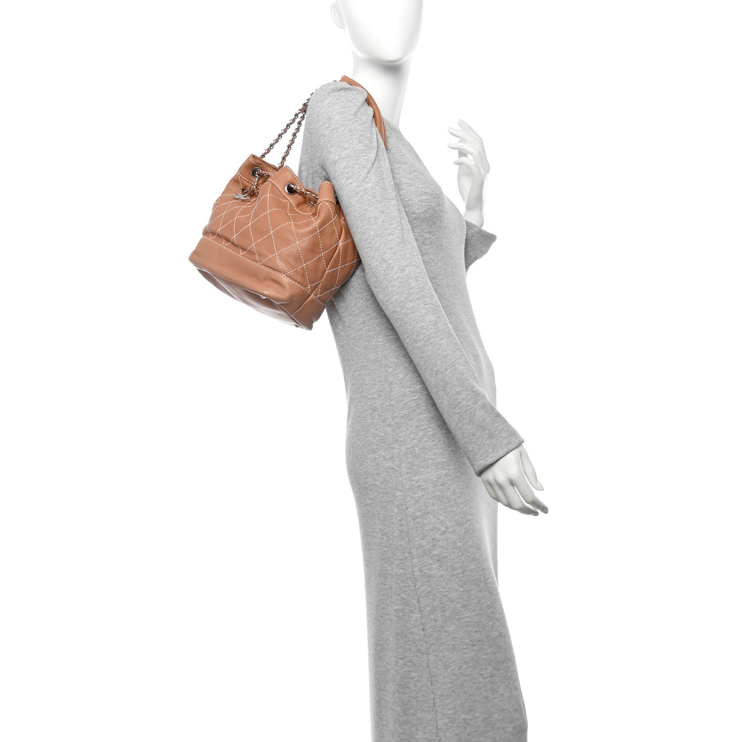 Lambskin Contrast Stitch Small Drawstring Tote Dark Beige