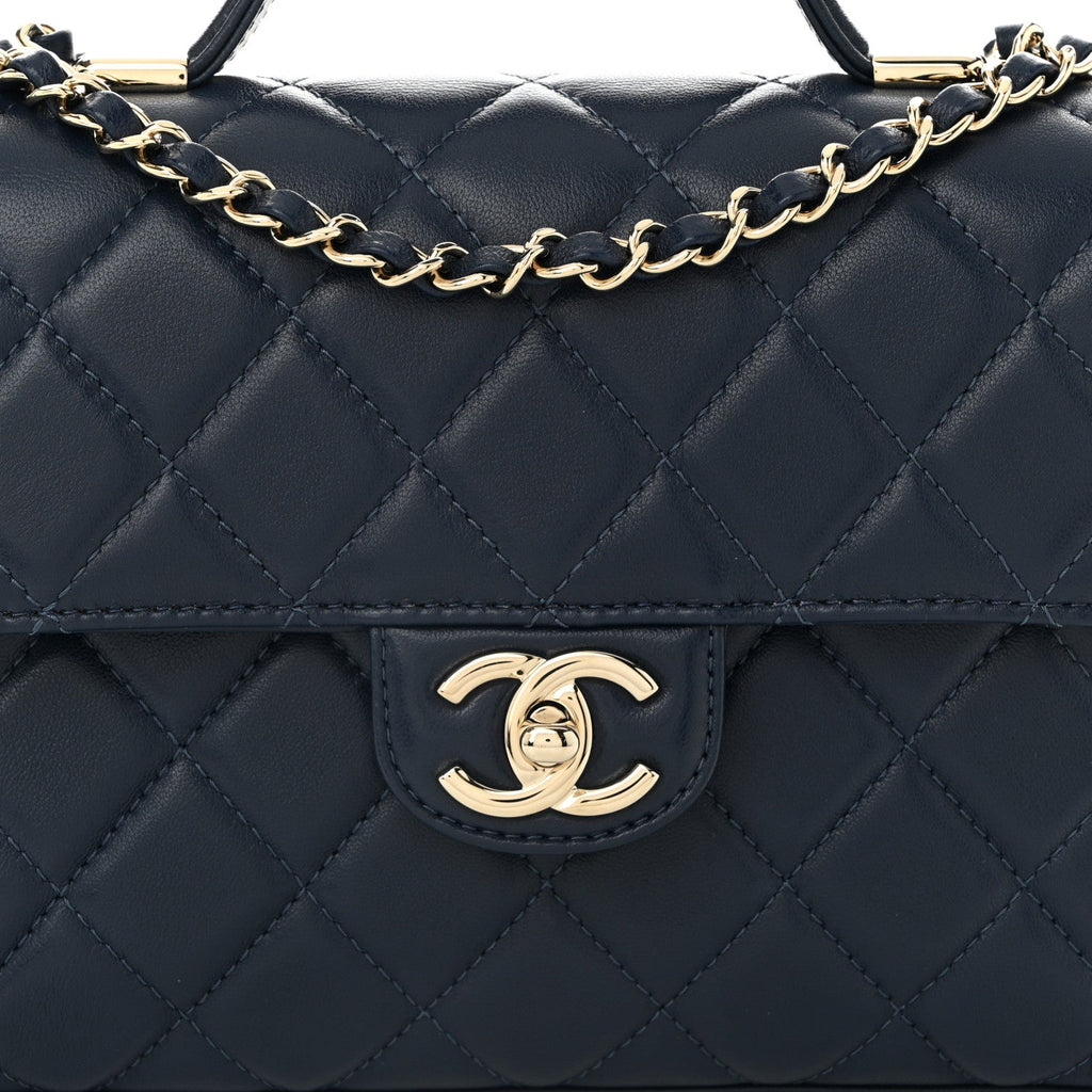 Lambskin Quilted Small Top Handle Square Flap Navy Blue