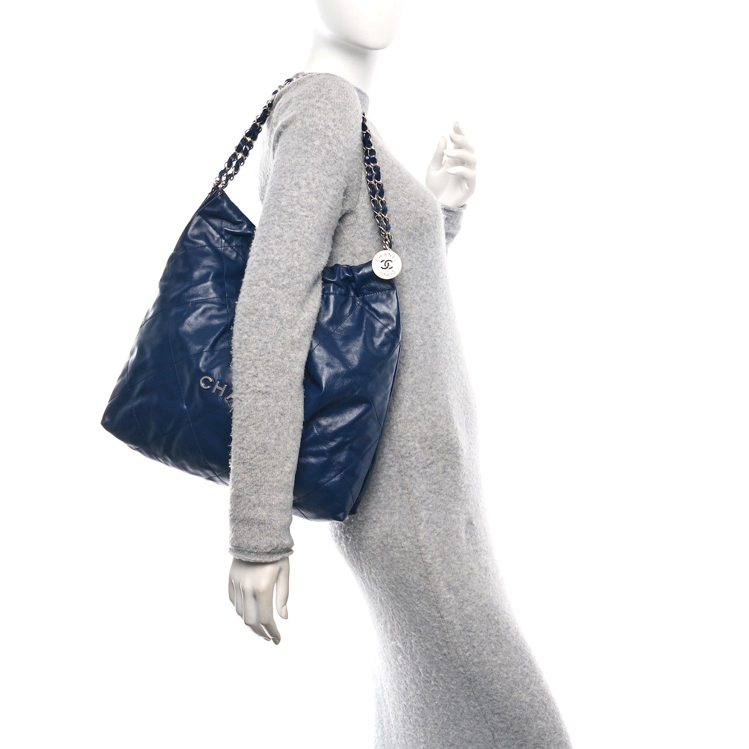 Shiny Calfskin Quilted Chanel 22 Navy Blue