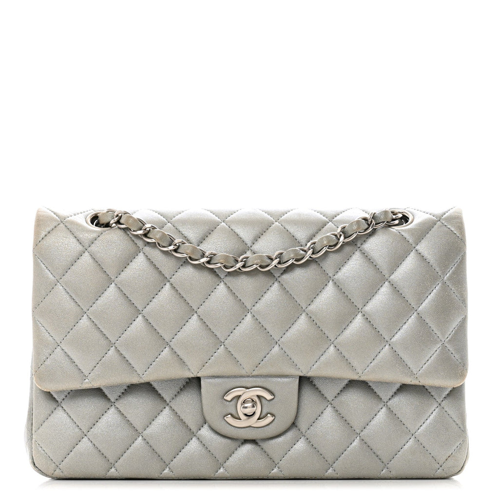 Metallic Lambskin Quilted Medium Double Flap Silver