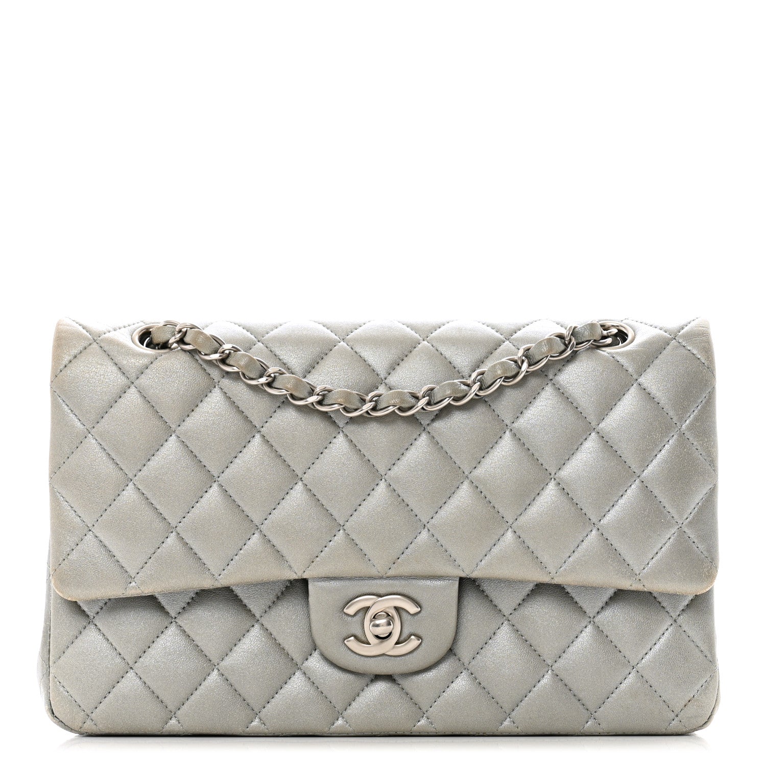 Metallic Lambskin Quilted Medium Double Flap Silver