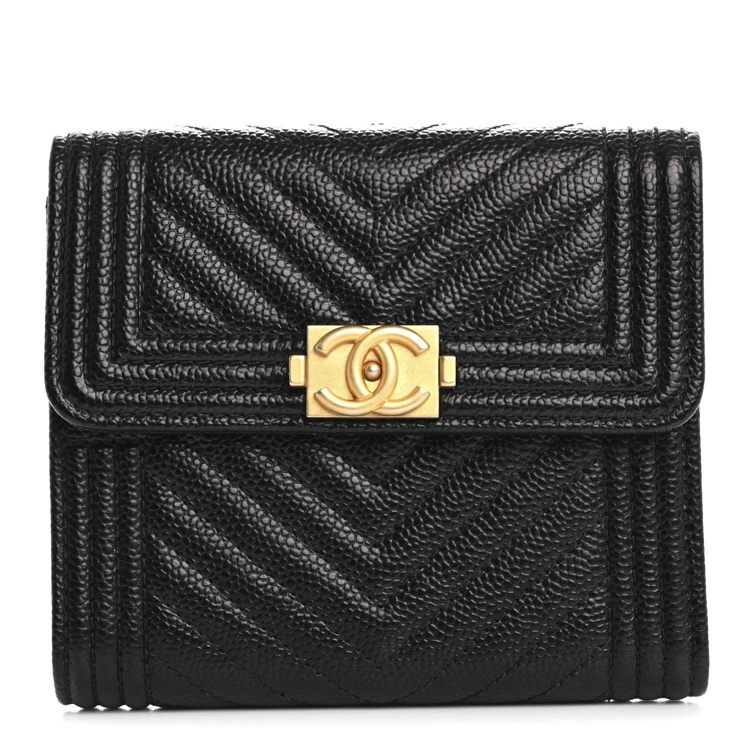 Caviar Chevron Quilted Boy Compact Wallet Black