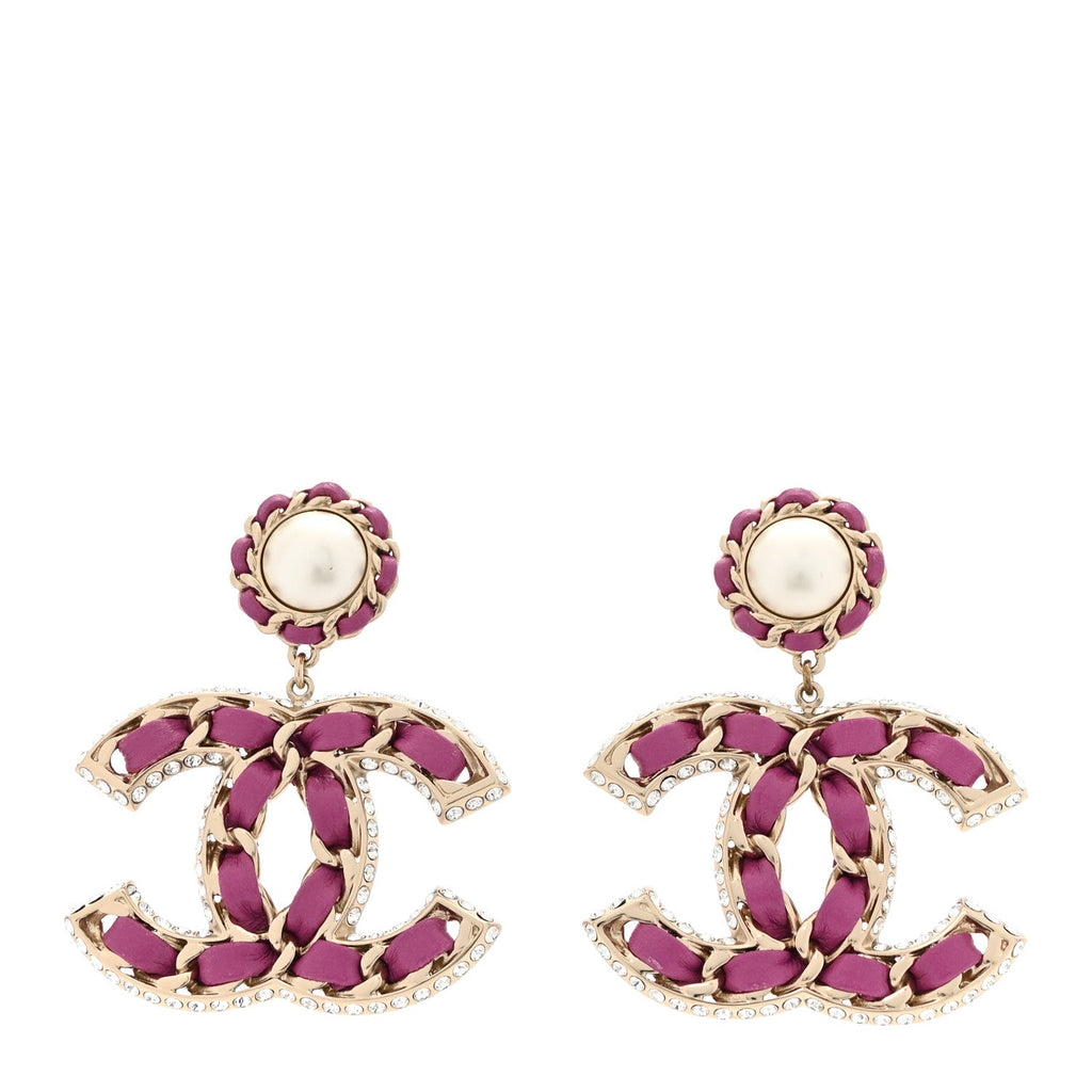 Pearl Lambskin Crystal Chain CC Drop Earrings Pink