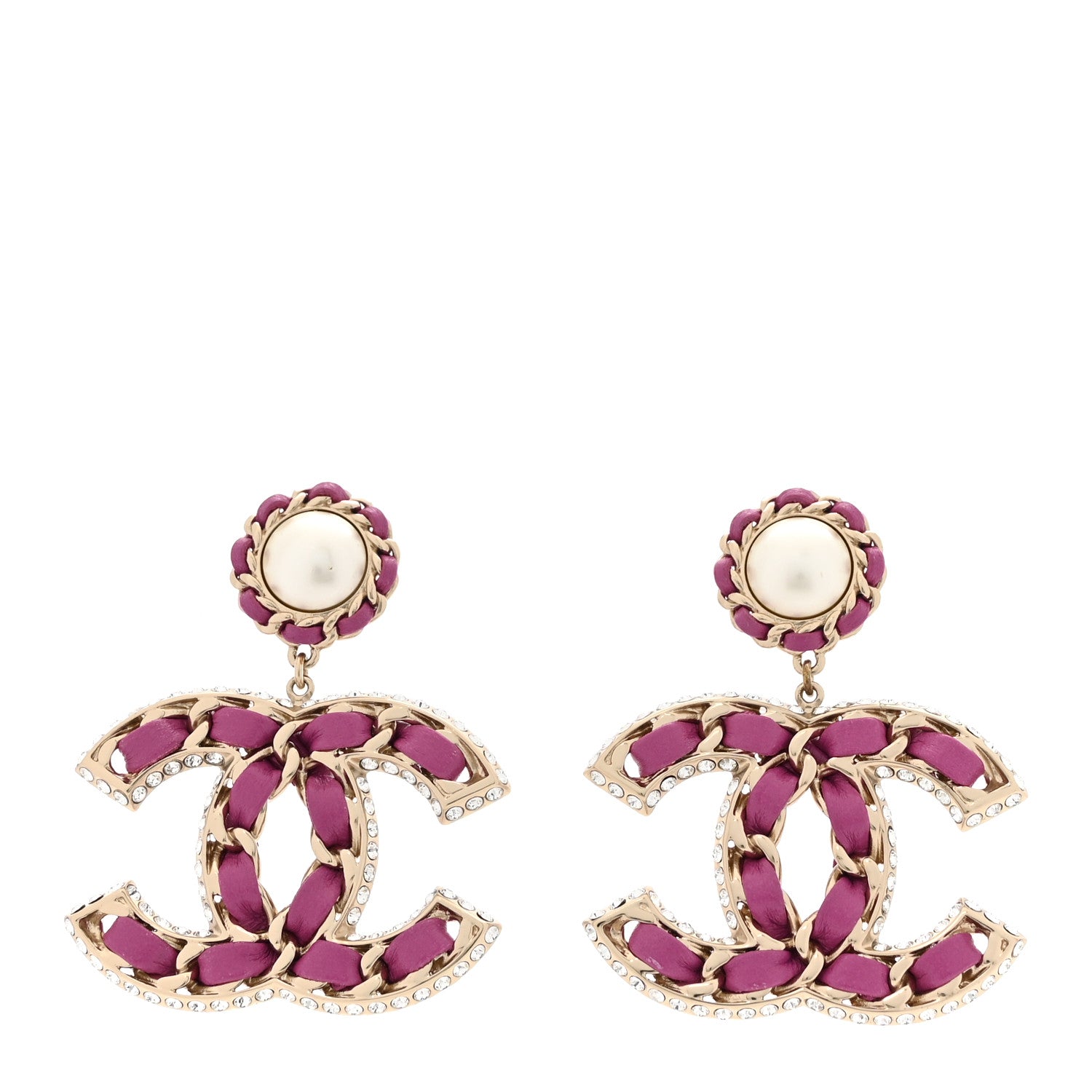 Pearl Lambskin Crystal Chain CC Drop Earrings Pink