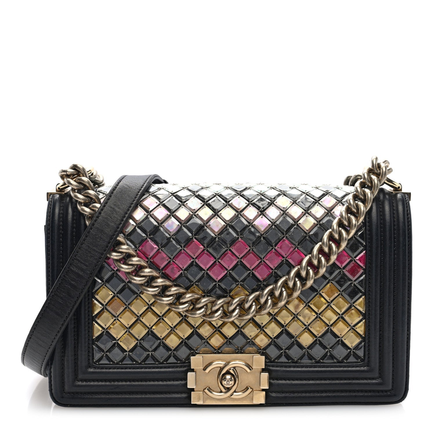 Lambskin Tile Embroidered Medium Brasserie Mosaic Boy Flap Black Multicolor