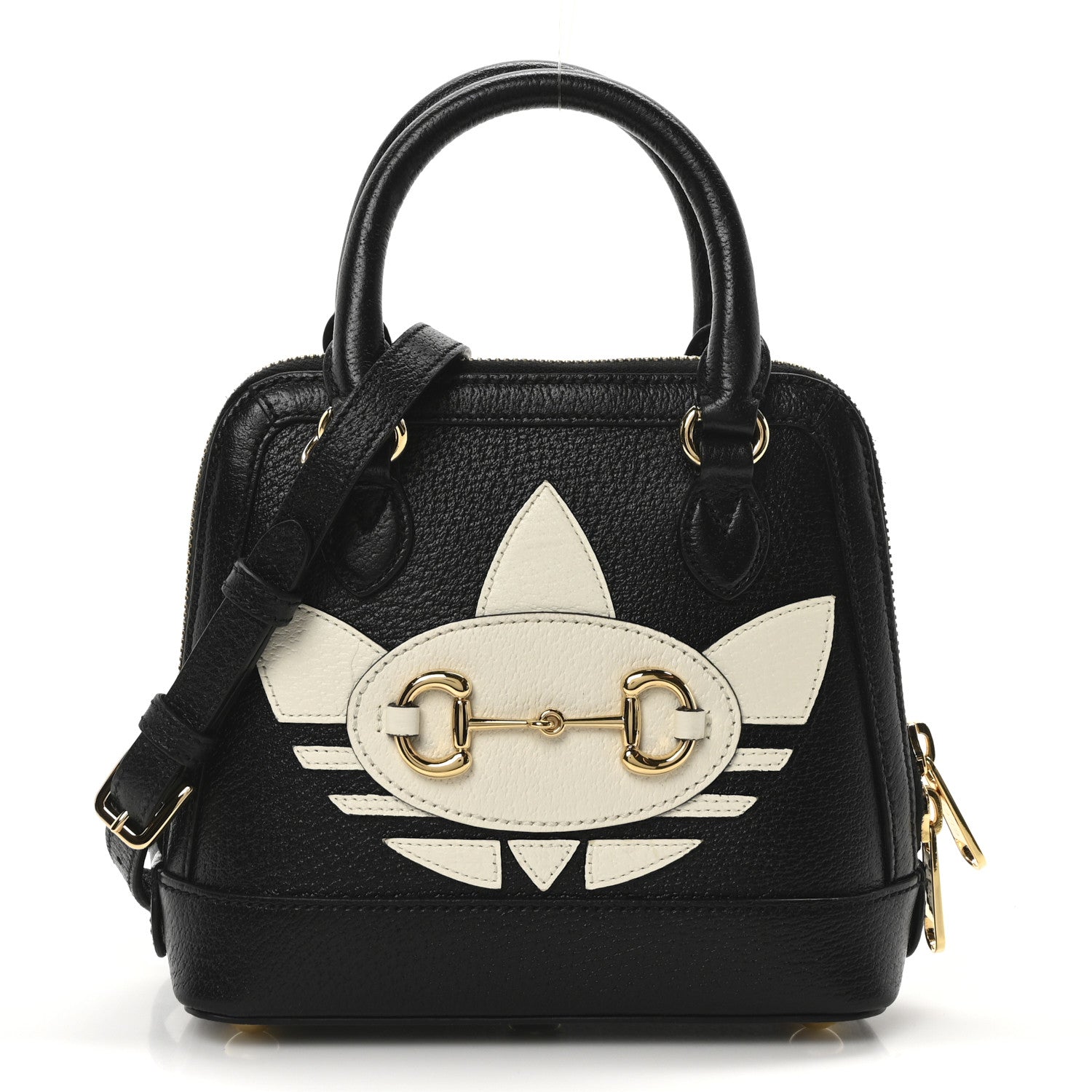X ADIDAS Textured Dollar Calfskin Web Trefoil Mini Horsebit 1955 Top Handle Bag Black Off White