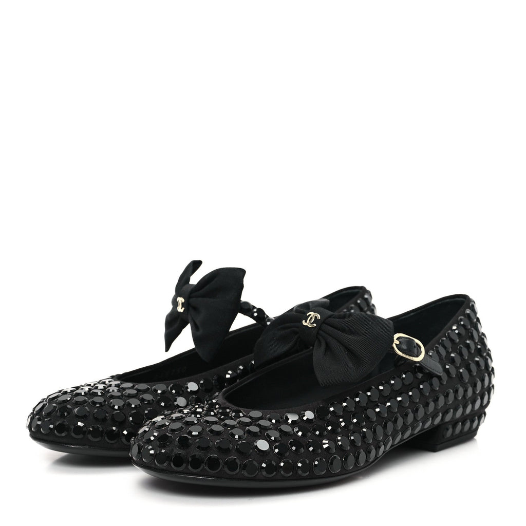Satin Strass Bow Mary Jane Flats 37 Black