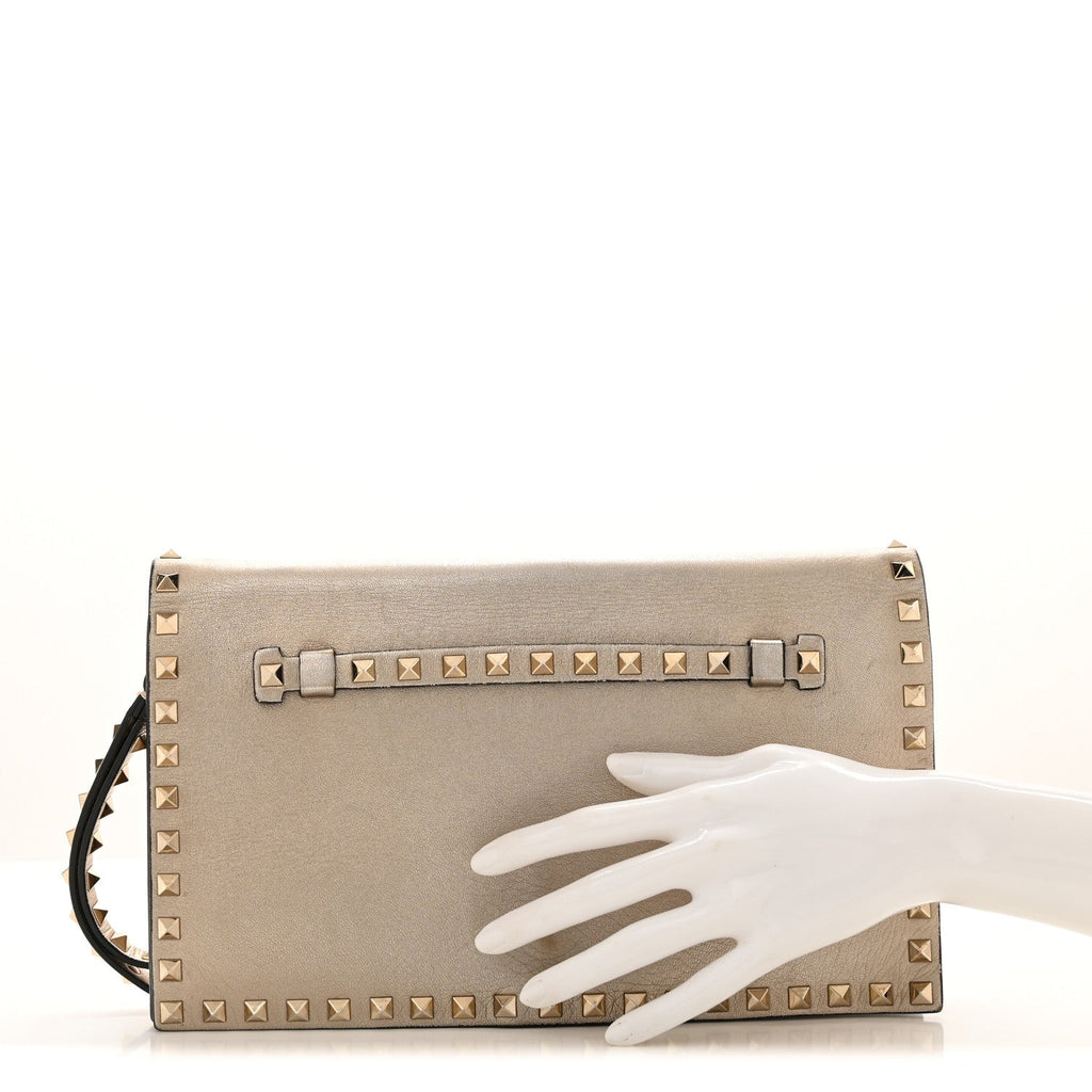 Metallic Nappa Rockstud Wristlet Clutch  Gold