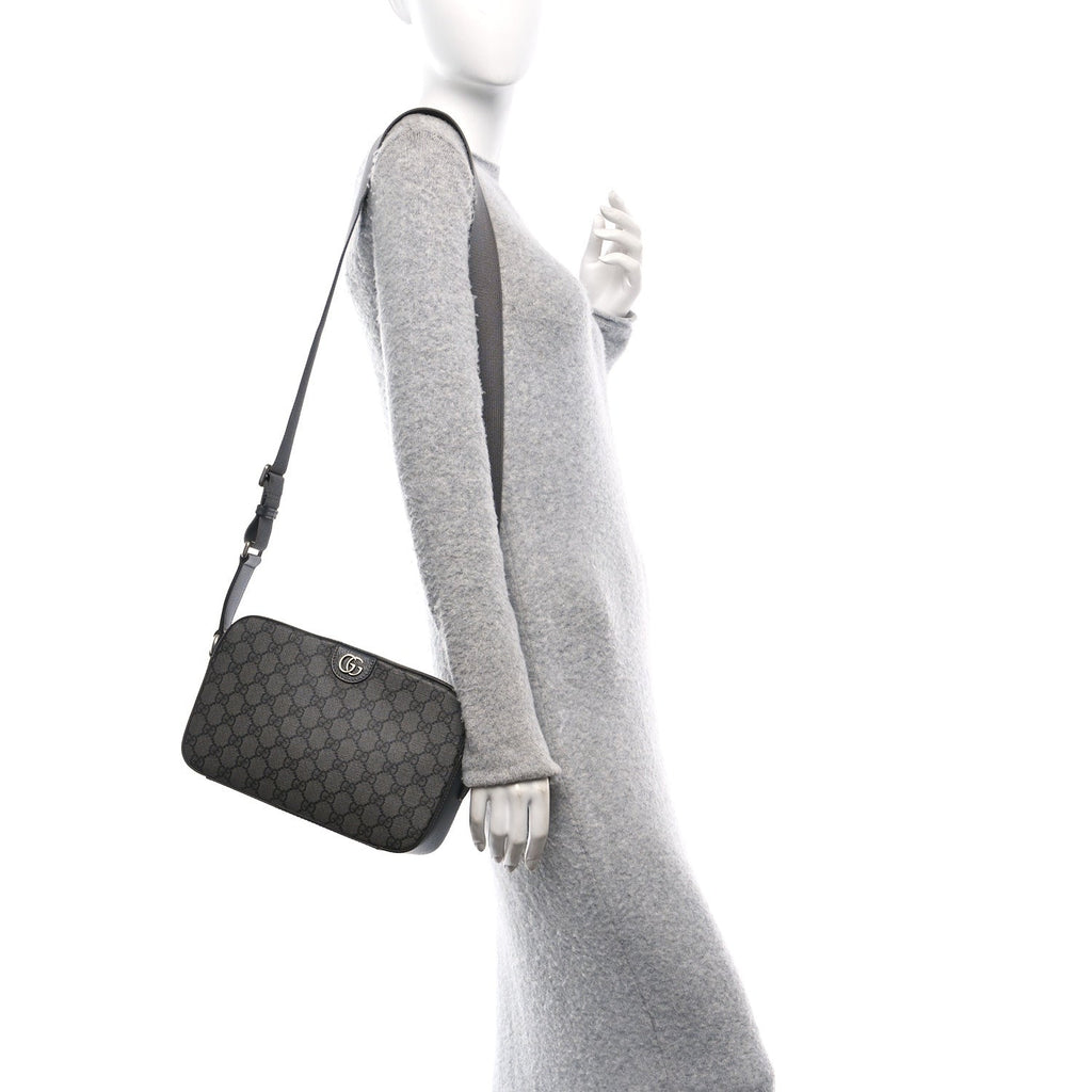 GG Supreme Monogram Textured Dollar Calfskin Ophidia Shoulder Bag Grey Black Graphite Grey