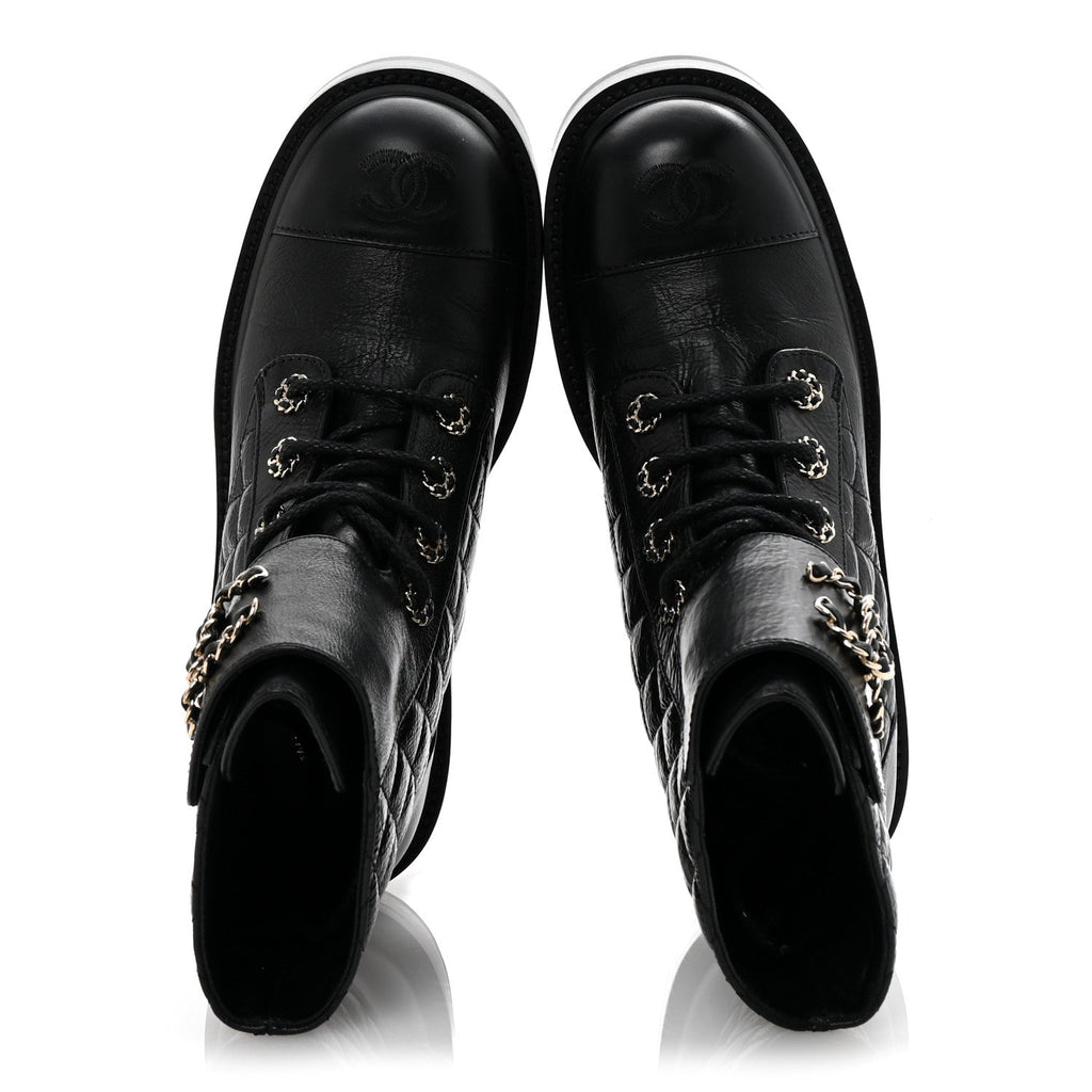 Shiny Lambskin Quilted Lace Up Combat Boots 38 Black