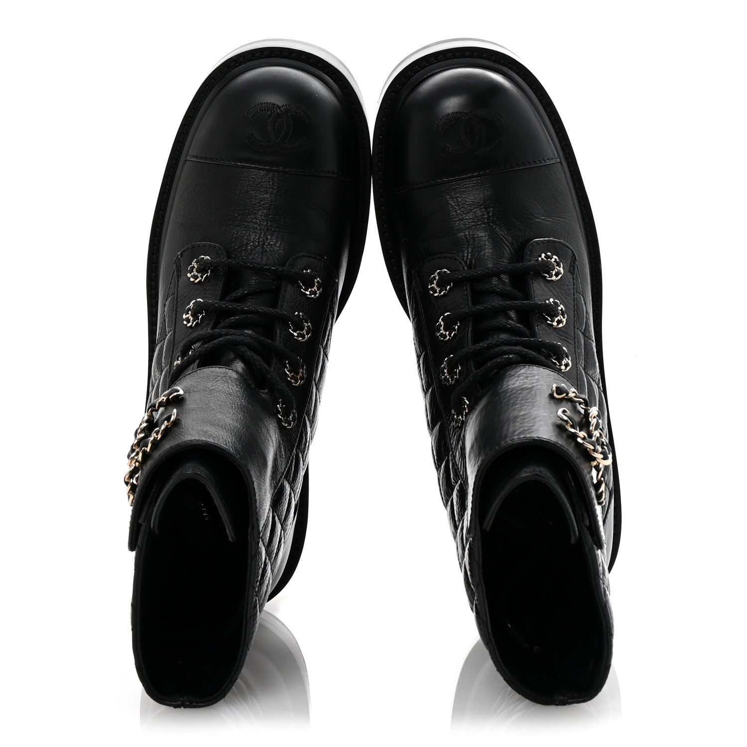 Shiny Lambskin Quilted Lace Up Combat Boots 38 Black