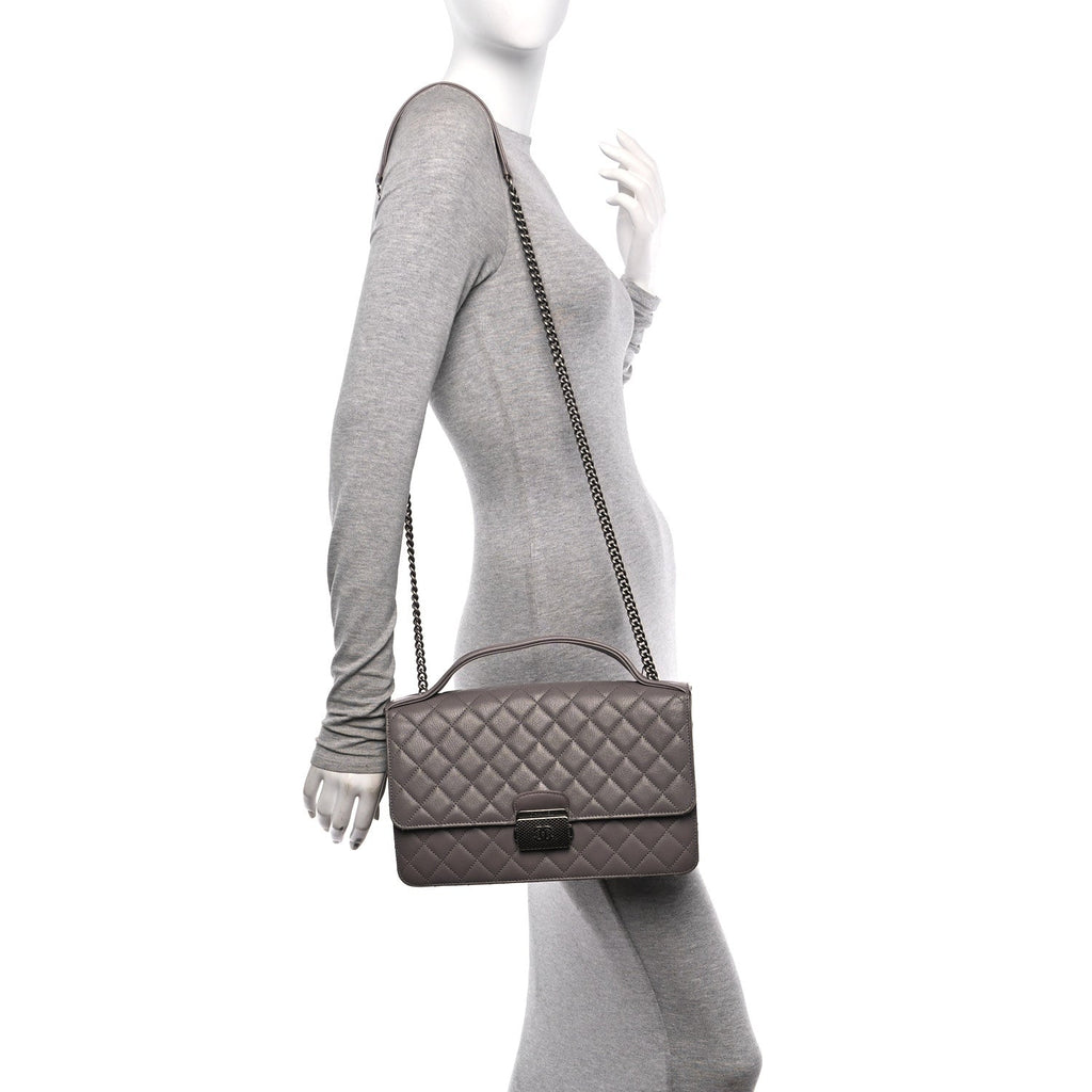 Goatskin Quilted Large CC University Top Handle Flap Grey