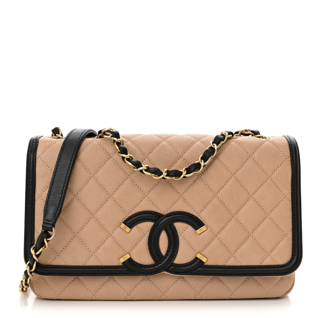 Caviar Quilted Medium CC Filigree Flap Beige Black