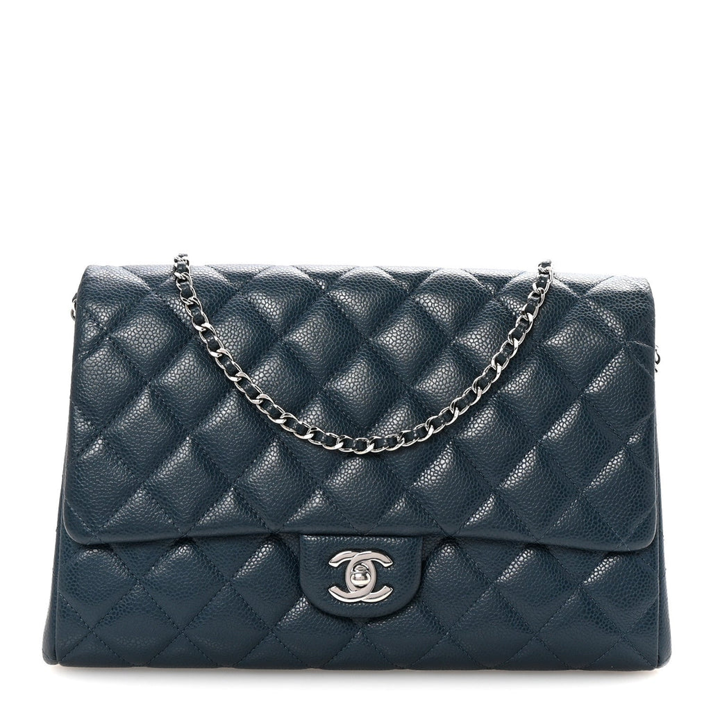 Caviar Quilted Clutch With Chain Flap  Blue